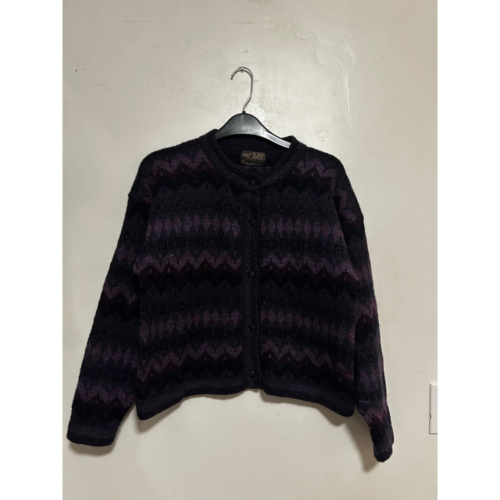 Arte Inka Alpaca Purple Geometric Knit Cardigan Sweater Made in Peru Womens